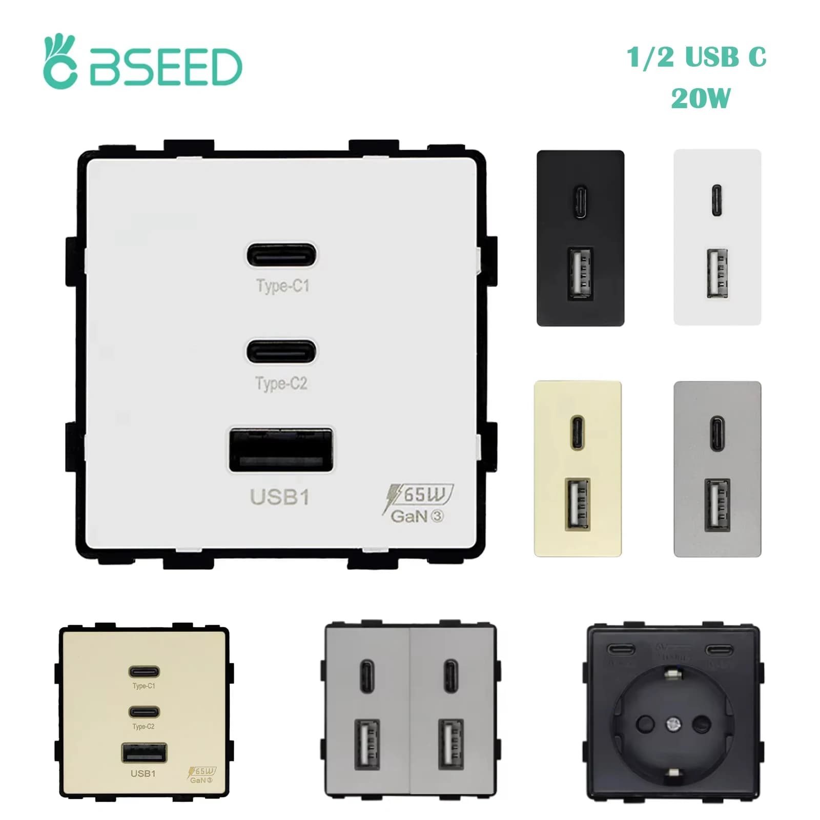 BSEED 65 PD fast charging module quick charging socket part 1/2 USB Type-C 20W wall charger support for plug frames BSEED