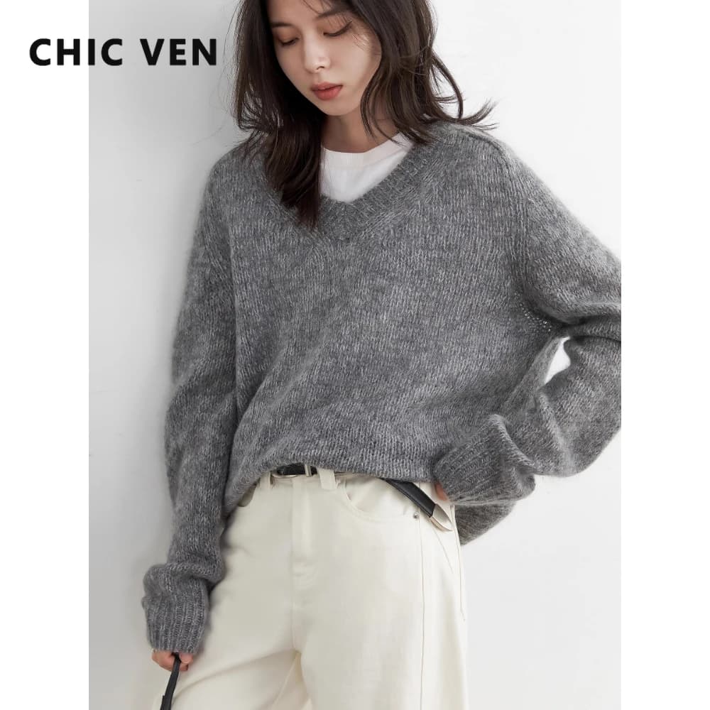 CHIC VEN Donne Coreane Maglioni Allentati Casual Solido Nuovo Scollo A V Mohair Morbido Femminile Lavorato A Maglia Maglioni Pullover Autunno Inverno 2025