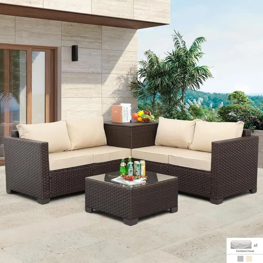 Set di divani componibili da esterno in 4 pezzi con contenitore, tavolo in vetro, cuscini e coperture color kaki