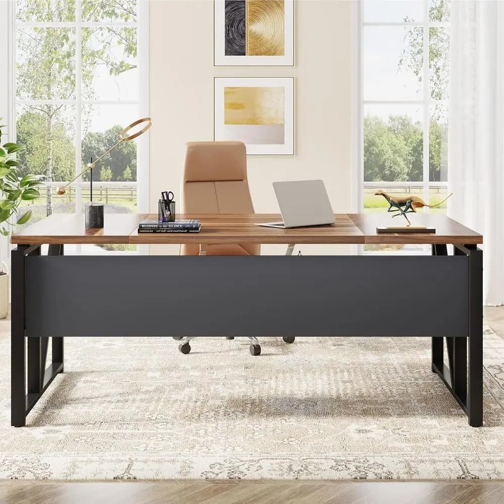 Scrivania per computer 63 Walnut con ripiano inferiore - Tavolo da scrittura o postazione di lavoro per ufficio domestico (gambe in acciaio, escluso mobiletto)