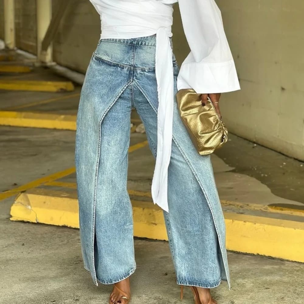 Straight-Leg Loose-Fit Patchwork Faux Two-Piece Denim Pants Streetwear Casual Retro Asymmetric Tapered Denim Trousers for Women