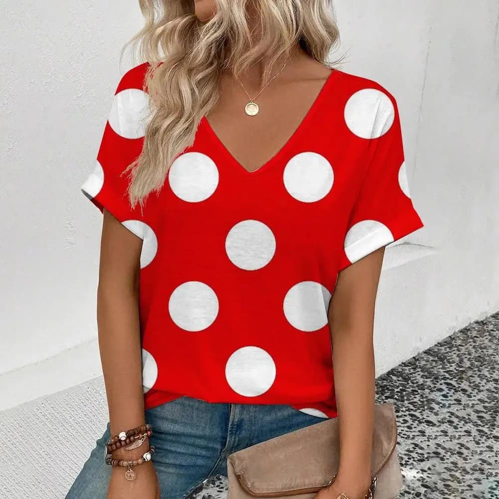 Nuove Magliette Estive a Pois con Stampa 3D, T-Shirt da Donna con Scollo a V e Maniche Corte, Stile Y2K Casual, Top Harajuku, Abbigliamento Femminile