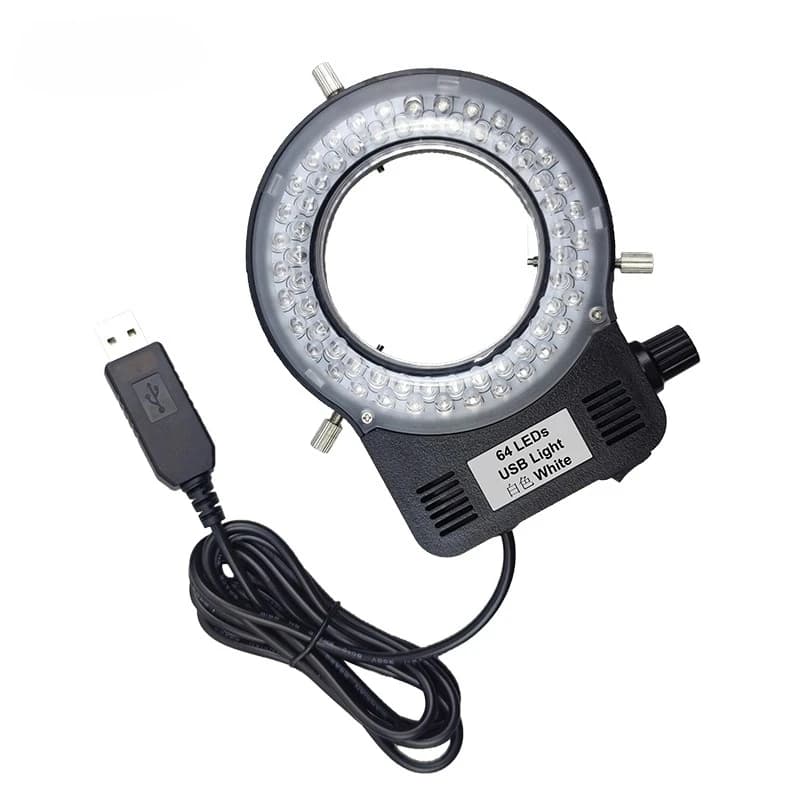 Lampada ad anello USB per microscopio a 64 LED, luce colorata viola, blu, verde, gialla, illuminazione UV per microscopio, diametro interno 65 mm, regolabile