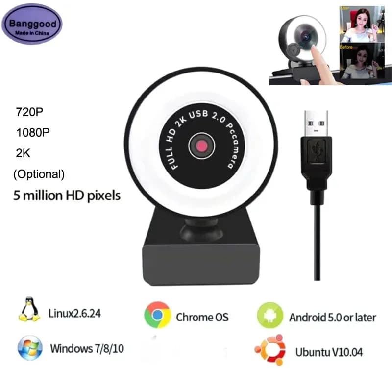 HD 720P/1080P/2K Webcam Computer PC 5 milioni di pixel Videochiamate WebCamera con riduzione del rumore Micr Abbellimento Fotocamera con luce