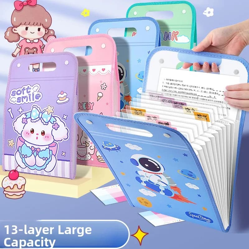 Large Capacity 13 Layer A4 Cartoon Accordion File Folder Handheld Test Paper Storage Bag High Aesthetic Value 13 Pieces