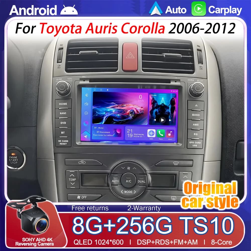 Apple Carplay e Android Auto wireless per Toyota Auris Corolla 2006-2012, autoradio multimediale con GPS, navigazione, Bluetooth, Wi-Fi 5G.