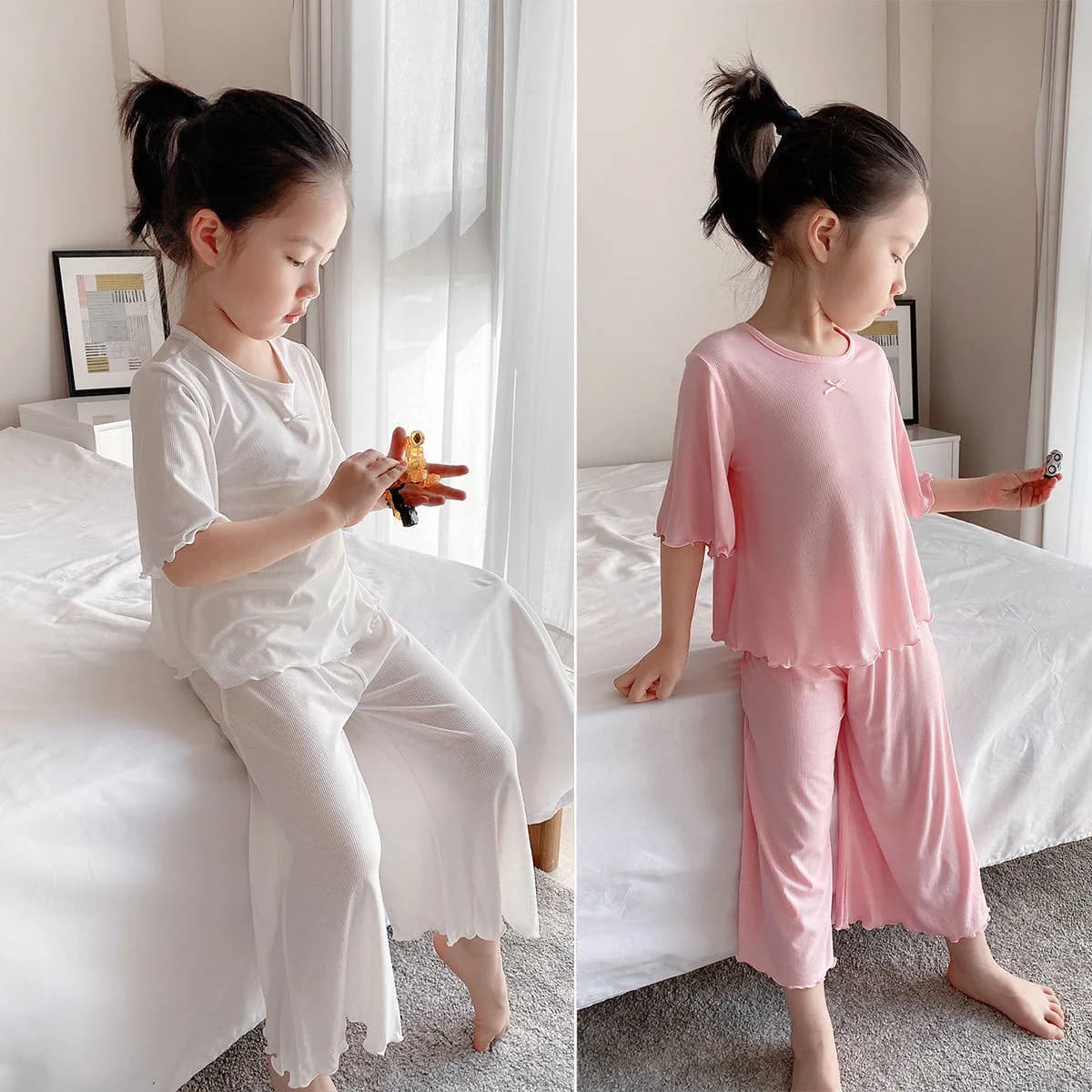 New Girls Pajamas Set Ice Silk Summer Thin Kids Children Loungewear Toddler Baby Sleepwear Pajamas Cool Breathable Short Sleeve
