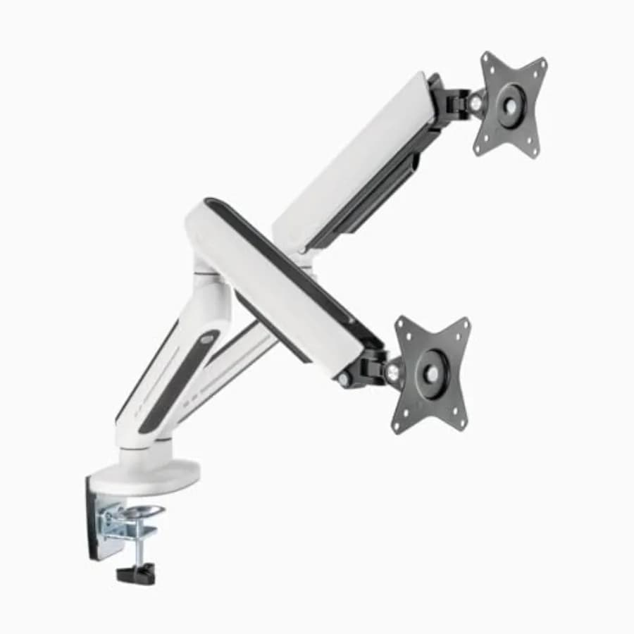 Supporto Ergonomico per Doppio Monitor LED con Illuminazione RGB, Porte USB, VESA 75/100, Compatibile con Monitor da 17-32 Pollici, Bianco