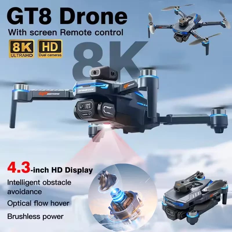 Nuovo Drone GT8 2026 con GPS, Videocamera Professionale 8K HD 360° ° Doppia Fotocamera 5G WIFI Motori Brushless Evitamento Ostacoli Quadricottero Pieghevole Giocattolo