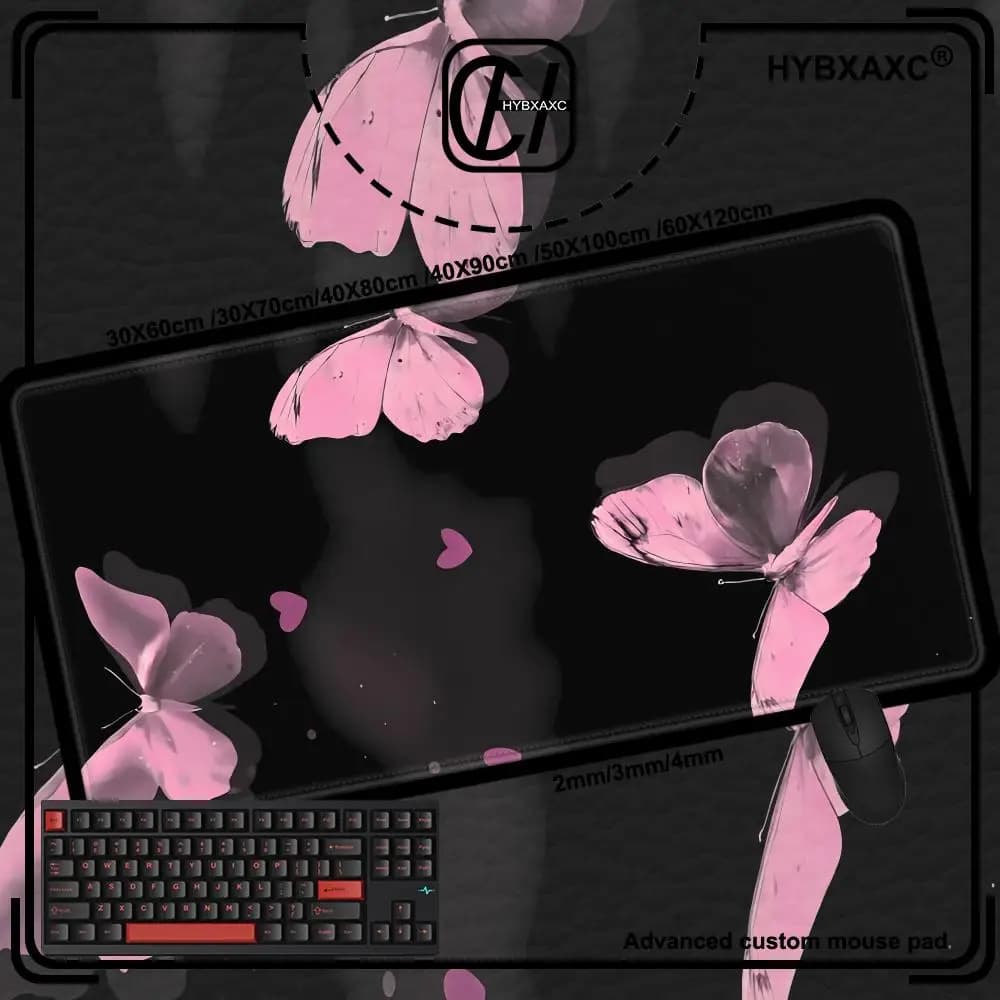 Tappetino per mouse da gaming nero e rosa con stampa a farfalla su richiesta HD, nuovo grande tappetino per tastiera meccanica HYBXAXC XXL, tappetino per mouse da scrivania
