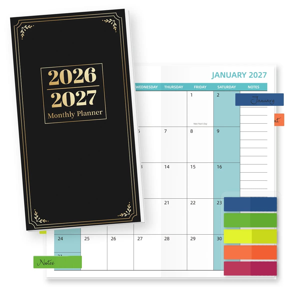 1PC A6 Monthly Planner Notebook, Black & Gold, 2026-2027 Calendar with Stickers or Index Tabs, for School & Office