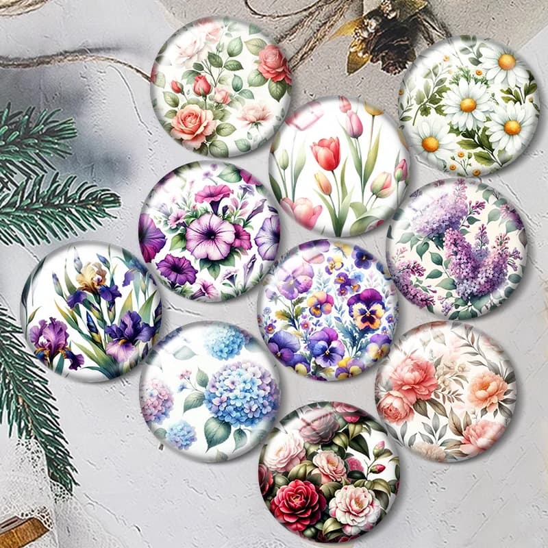 Spring Flowers: 12/18/20/25mm Glass Cabochon for Bracelets, Pendants, Rings, Earrings and Components for Jewelry Creation