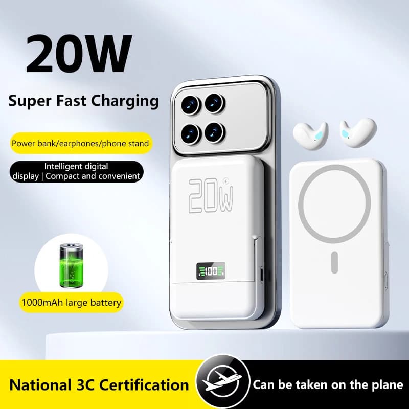 Power Bank Magnetico con Ricarica Wireless, Auricolari Bluetooth Integrati e Supporto per Telefono, Ricarica Rapida 20W, Caricatore Portatile 3 in 1