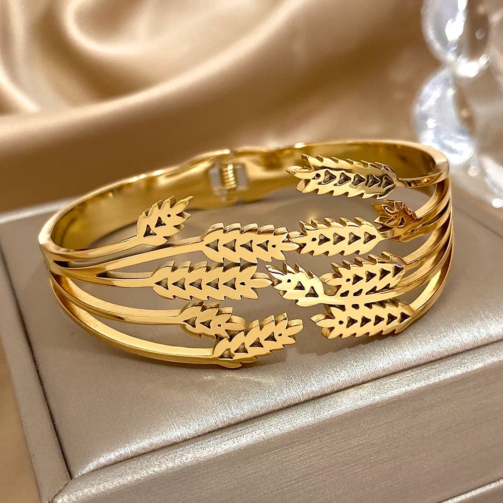 Greatera Small Leaf Irregular Spring Opening Bracelet Gold/Sliver Color Hollow Design Light Luxury Popular Men Women's Jewelry