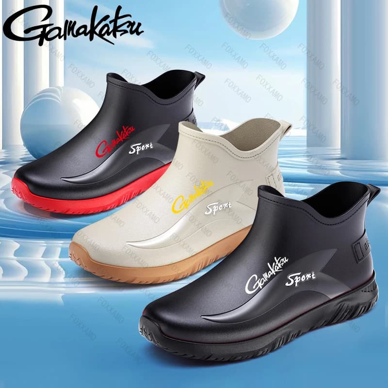 Gamakatsu Pesca Stivali da pioggia corti da uomo Ruote da trekking Suole antiscivolo Scarpe da acqua da esterno da uomo smerigliate Copriscarpe in gomma