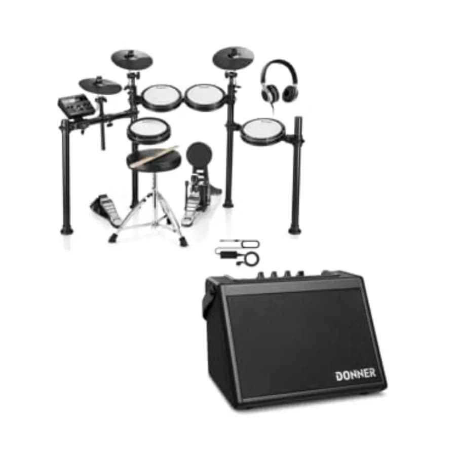 Donner DED-200 Set di Batteria Elettronica con Pad in Rete Silenziosi, Nero, Amplificatore Portatile Wireless da 20W per Pratica Domestica