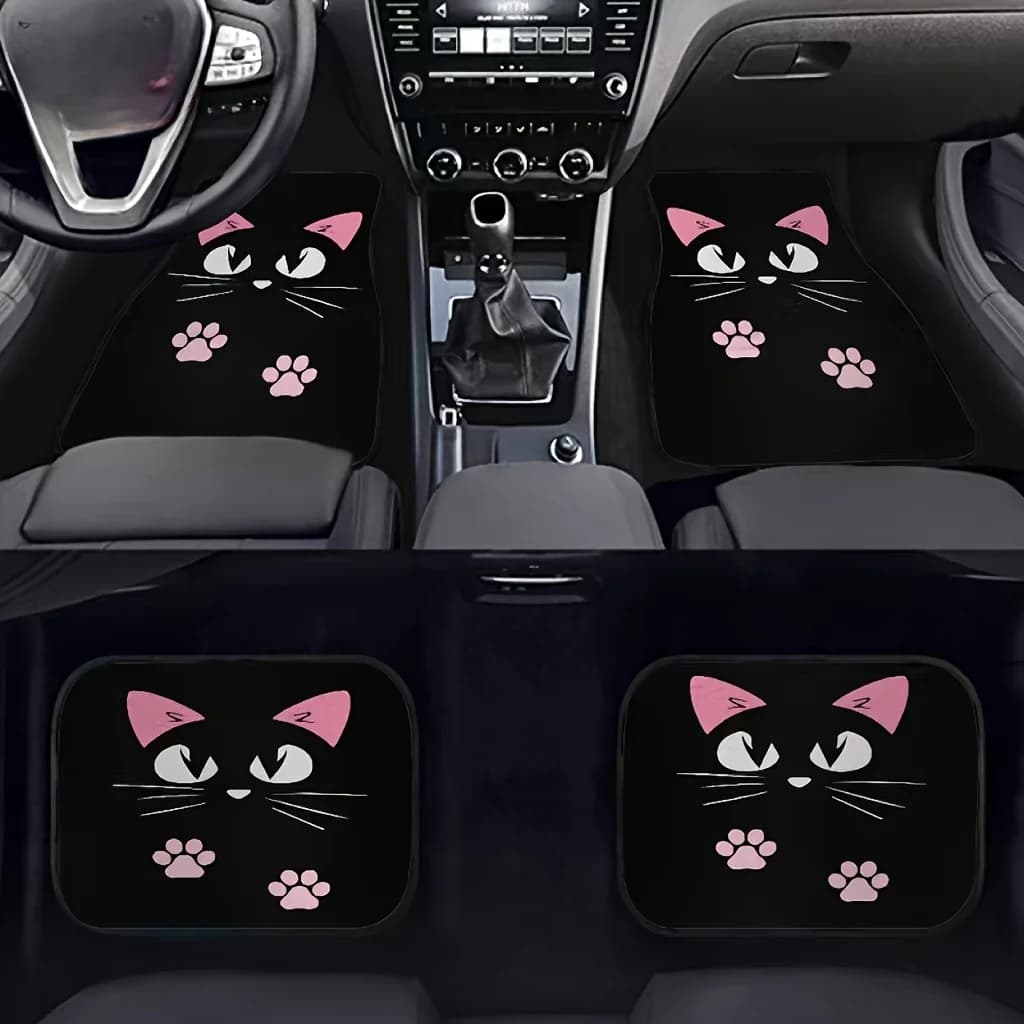 Car 2/4 pcs non-slip mats, car mats, car mats printed with cute cartoon cat, suitable for front and rear seats of most cars