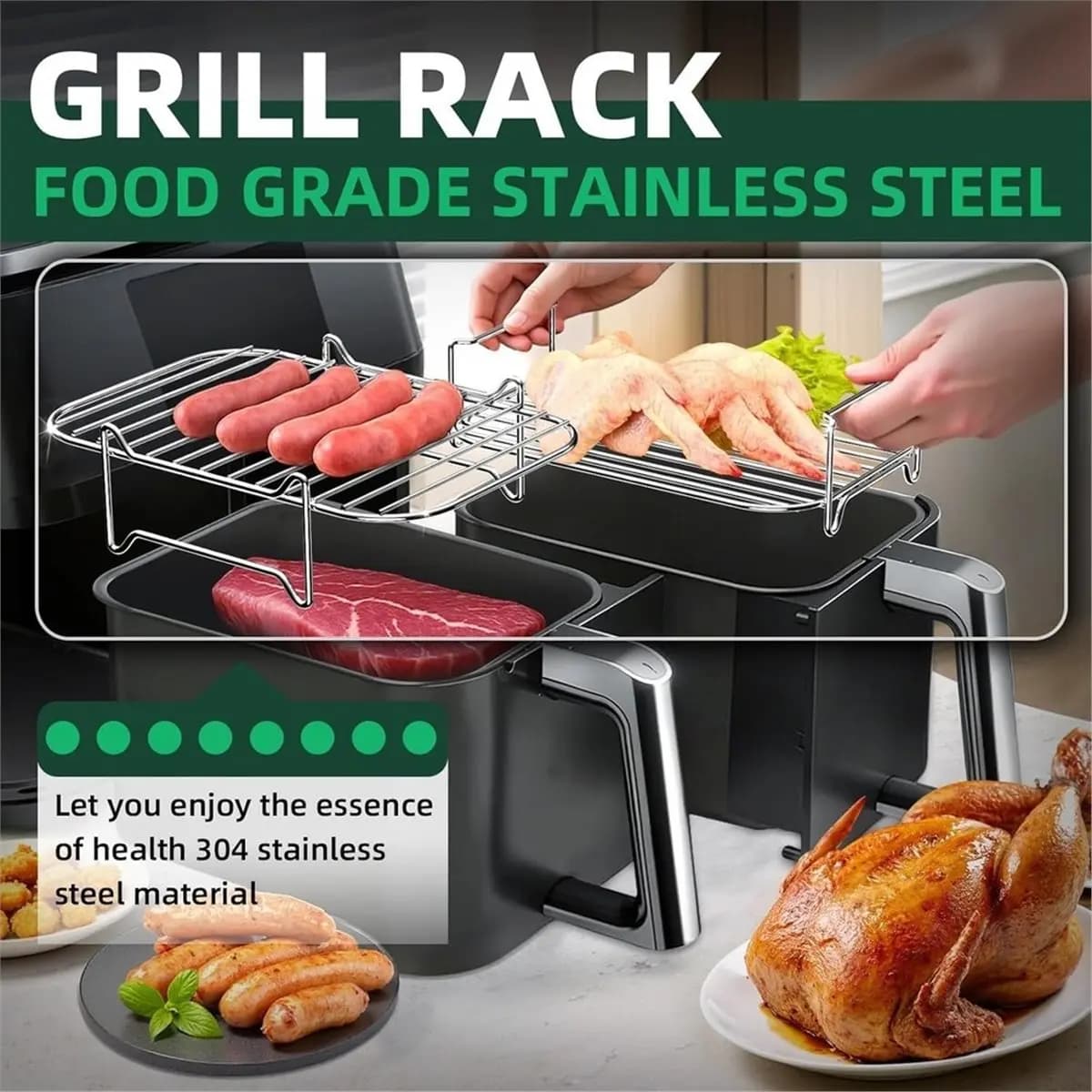 M10K Air Fryer Rack for Dual Basket Airfryer DZ201/DZ401 Accessories Rectangle Stackable Stainless Steel Grill Racks