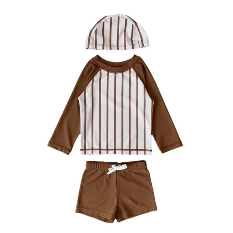 Costume da bagno sportivo per bambina e ragazzo, a righe, con maniche lunghe, pantaloncini da bagno e cappello, protezione solare per bambini, costume da bagno ad asciugatura rapida A80832