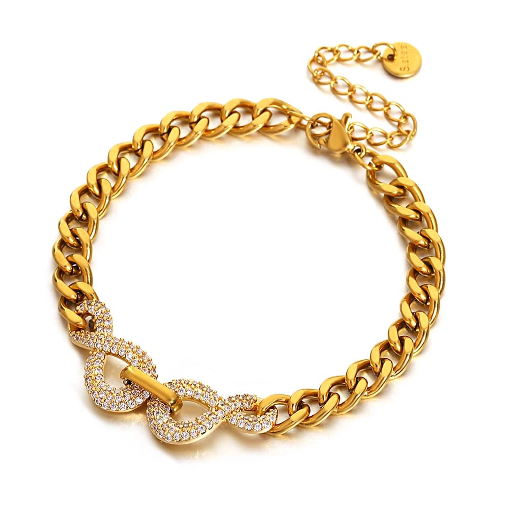 Stainless Steel Trendy Charm 8 with Rhinestone Cuban Chain Bracelets for Women Men Simple Golden Bracelets Waterproof Jewelry