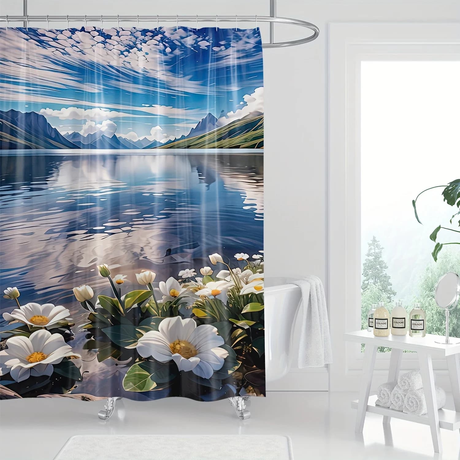 Tenda da doccia floreale e da montagna Serene Lakeside, poliestere, lavabile in lavatrice, ganci inclusi, arredamento bagno moderno