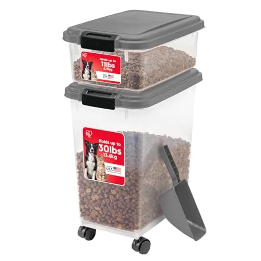 Contenitore ermetico combinato per alimenti per cani da 30 libbre e 11 libbre, scatola impilabile per snack, misurino da 2 tazze, ruote, mantiene la freschezza, facile da spostare