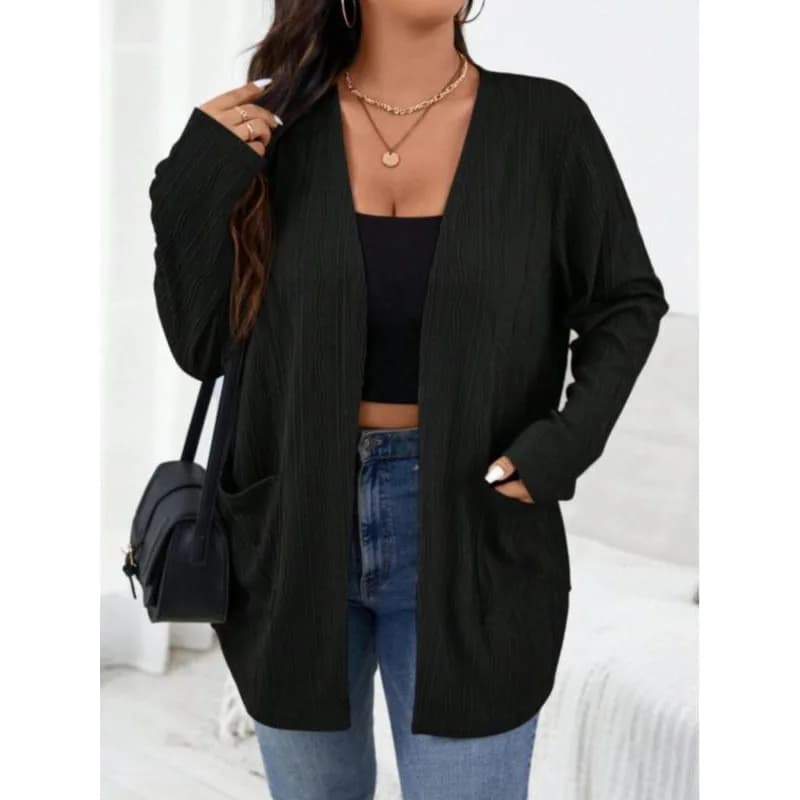 Plus Size 1XL-5XL Women's Solid Color Casual Pocket Long Sleeve Knitted Cardigan Women's Bottoming Open-Shirt