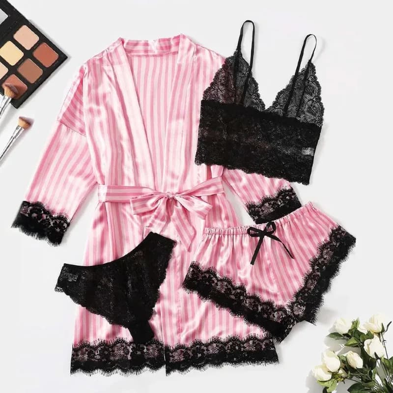 Set Pigiama in Raso e Pizzo 4 Pezzi con Vestaglia - Top a Canotta e Pantaloncini, L'Essenziale Elegante per il Loungewear Femminile