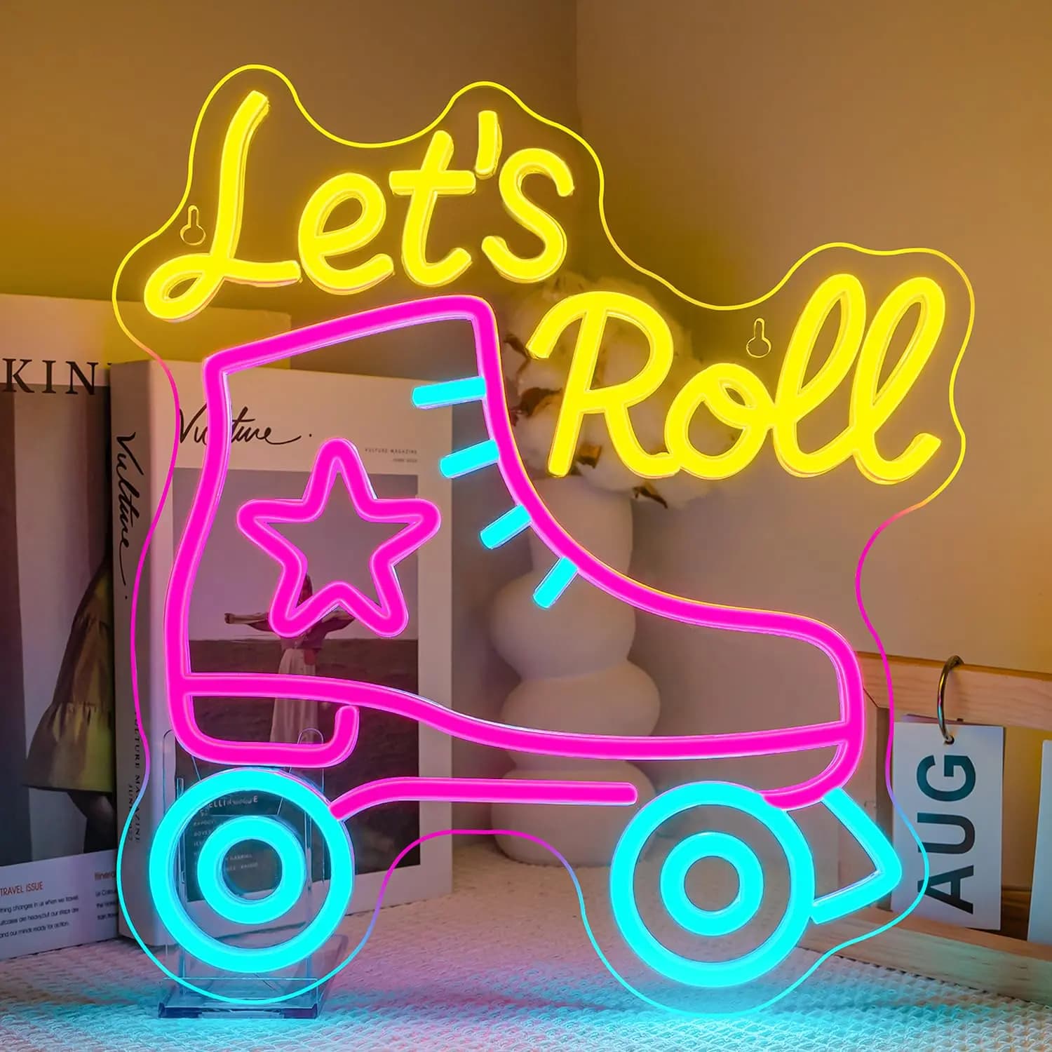 Lucunstar Let's Roll Insegna al neon Pattinaggio a rotelle Neon Dimmerabile Led Insegna Decorazione da parete per feste Insegne luminose al neon per pattini a rotelle Stor
