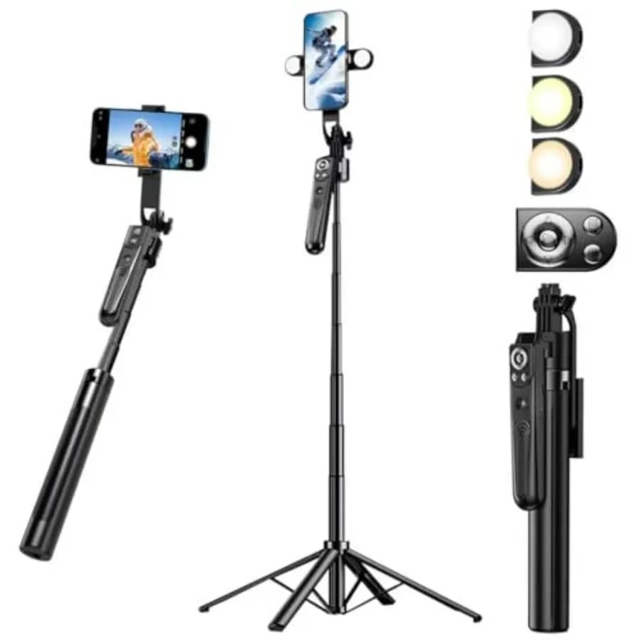 Selfie tripod with automatic face tracking for iPhone with 360° light and rotation that follows your movements, 70.8 cm camera tripod.