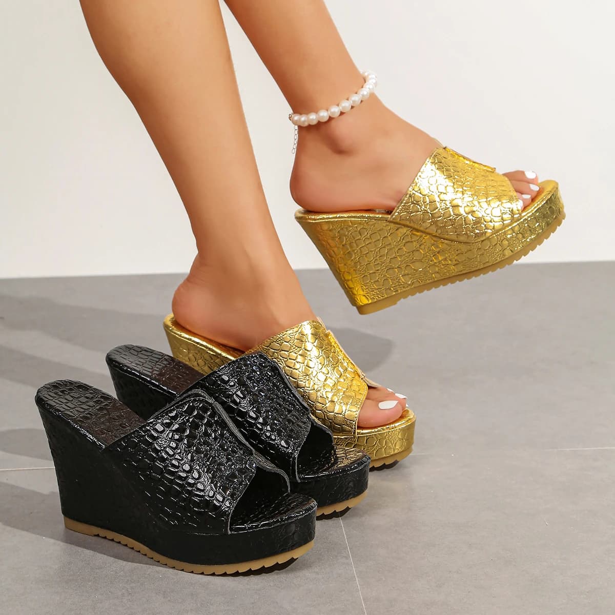 Sandali con Zeppa Effetto Coccodrillo 10CM, Ciabatte Casual da Donna con Plateau e Suola Spessa, Scarpe di Lusso con Tacco Alto