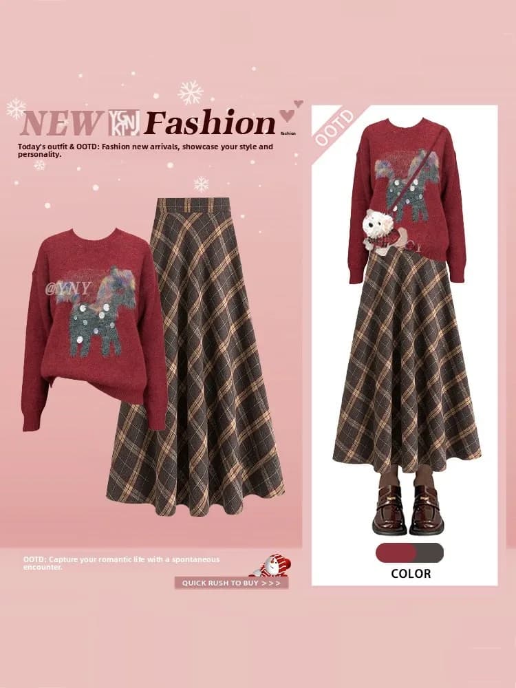 Retro Cartoon Knitted Sweater Plaid College Style Skirt Set Winter Small Size Age Reduction High End Feeling Women's Fas...