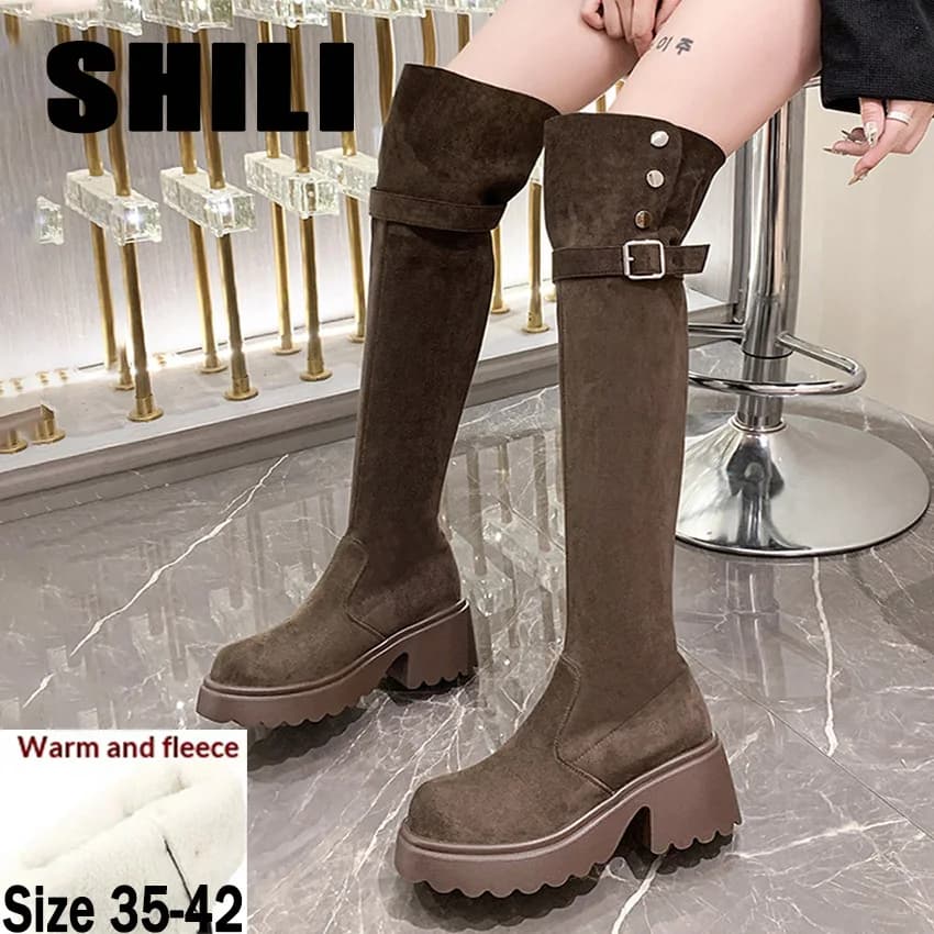 Above the knee B Women 2 Way Foldable Suede Leather Platform Boots Autumn Winter Chunky Heel Over The Knee Rider Bootsots