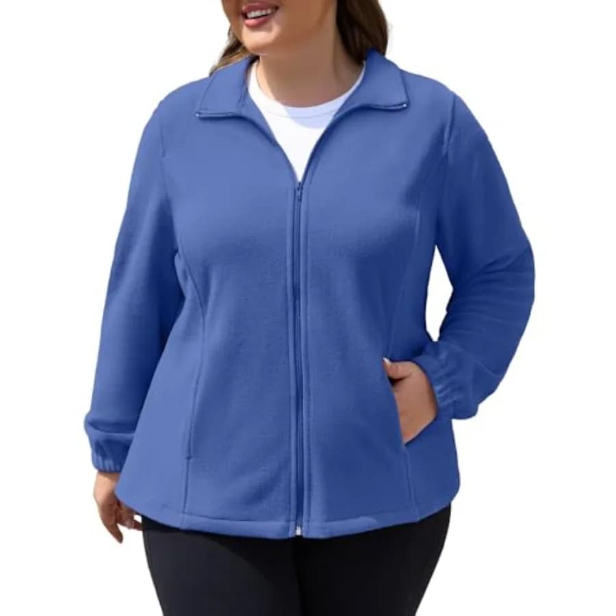 COOTRY Plus Size Fleece Jacket Women Lightweight Zip Up Jackets Soft Warm Long Sleeve Polar Coat with Pockets for Winter