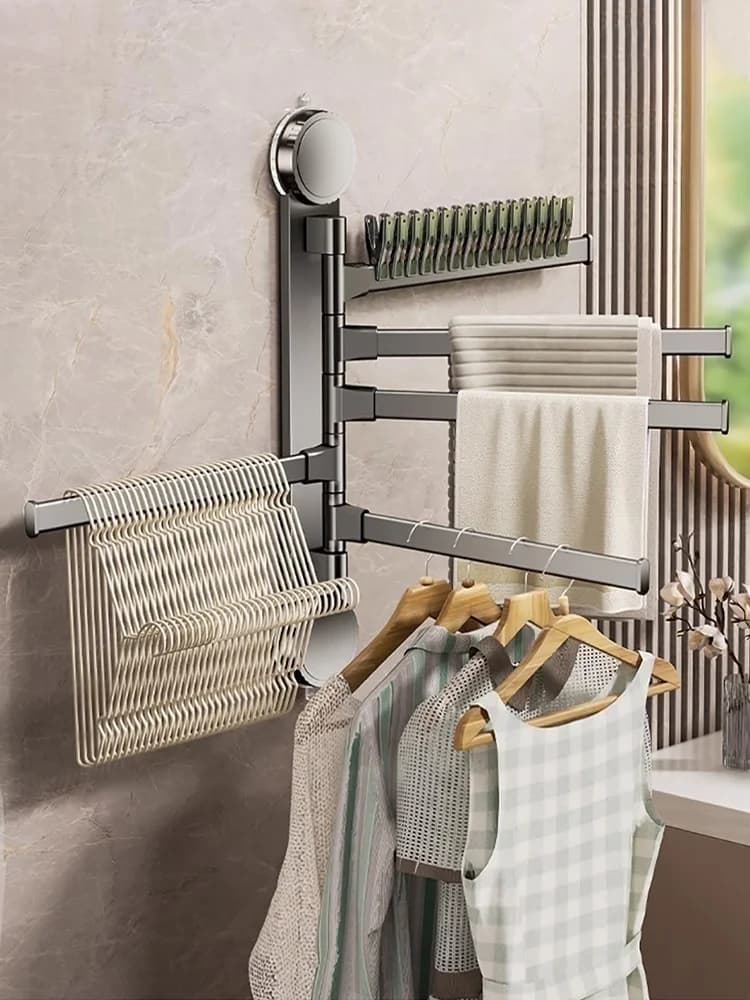 No Need To Drill Suction Cup Rotating multi-bar towel rack Bathroom hanger Folding artifact Multifunctional shelf Kitchen shelf