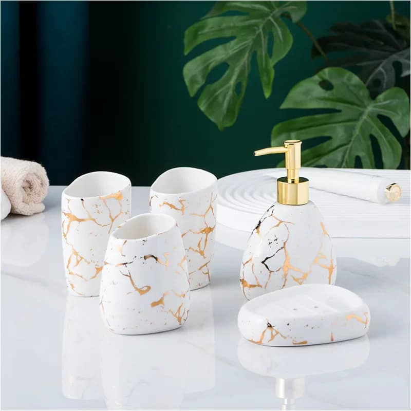 Set di accessori per il bagno marmo modello oro ceramica dispenser di dentifricio scatola di sapone portaspazzolino tazza da bagno bottiglia di lozione