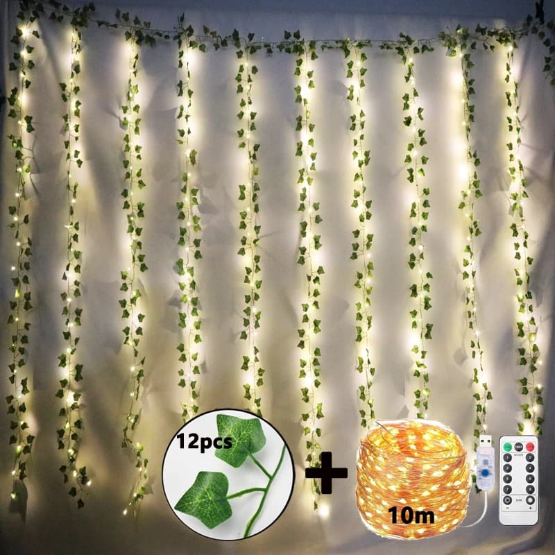 12 pcs Artificial Plants Home Decro Aesthetic Ironing Board With USB Fairy Light 10 M LED Leaf Finta Vite Hanging Room Furniture