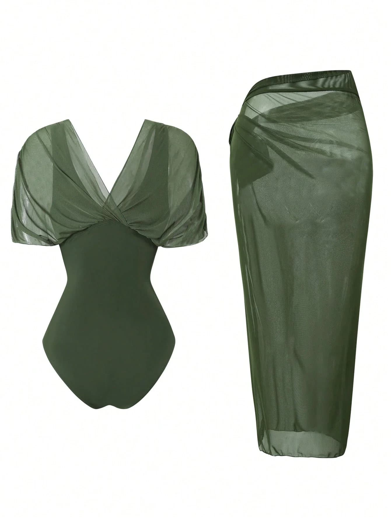 Costume da bagno intero tinta unita con gonna lunga in rete, set da spiaggia e resort