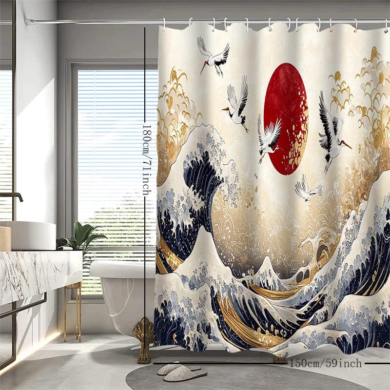 Exquisite sea view shower curtain in the bathroom, anti awkward bathtub curtain, 12 hooks detachable for washing