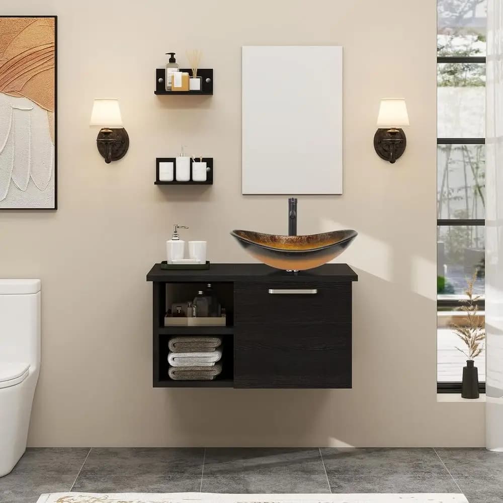 Mobile bagno sospeso da 28 pollici in LavaWood con specchio ovale e lavabo in vetro temperato dorato - Set completo