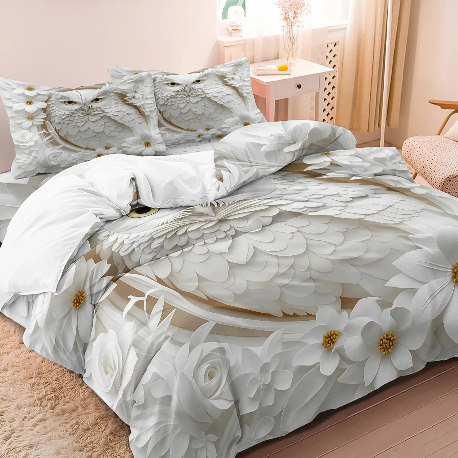 Set copripiumino con stampa gufo bianco, 3 pezzi, biancheria da letto in stile King Queen, camera da letto, camera degli ospiti, regalo di compleanno (1 copripiumino, 2 federe)