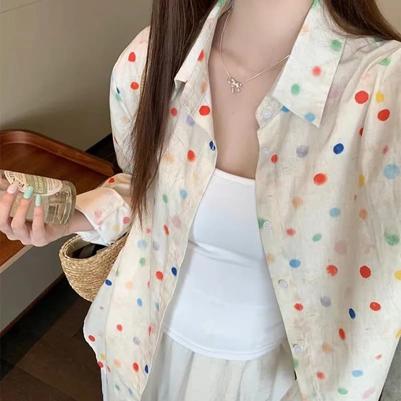 Colorful polka dot shirt for woman loose casual shirt for sun protection Top wide sweet spring and summer dresses Fashion 1974