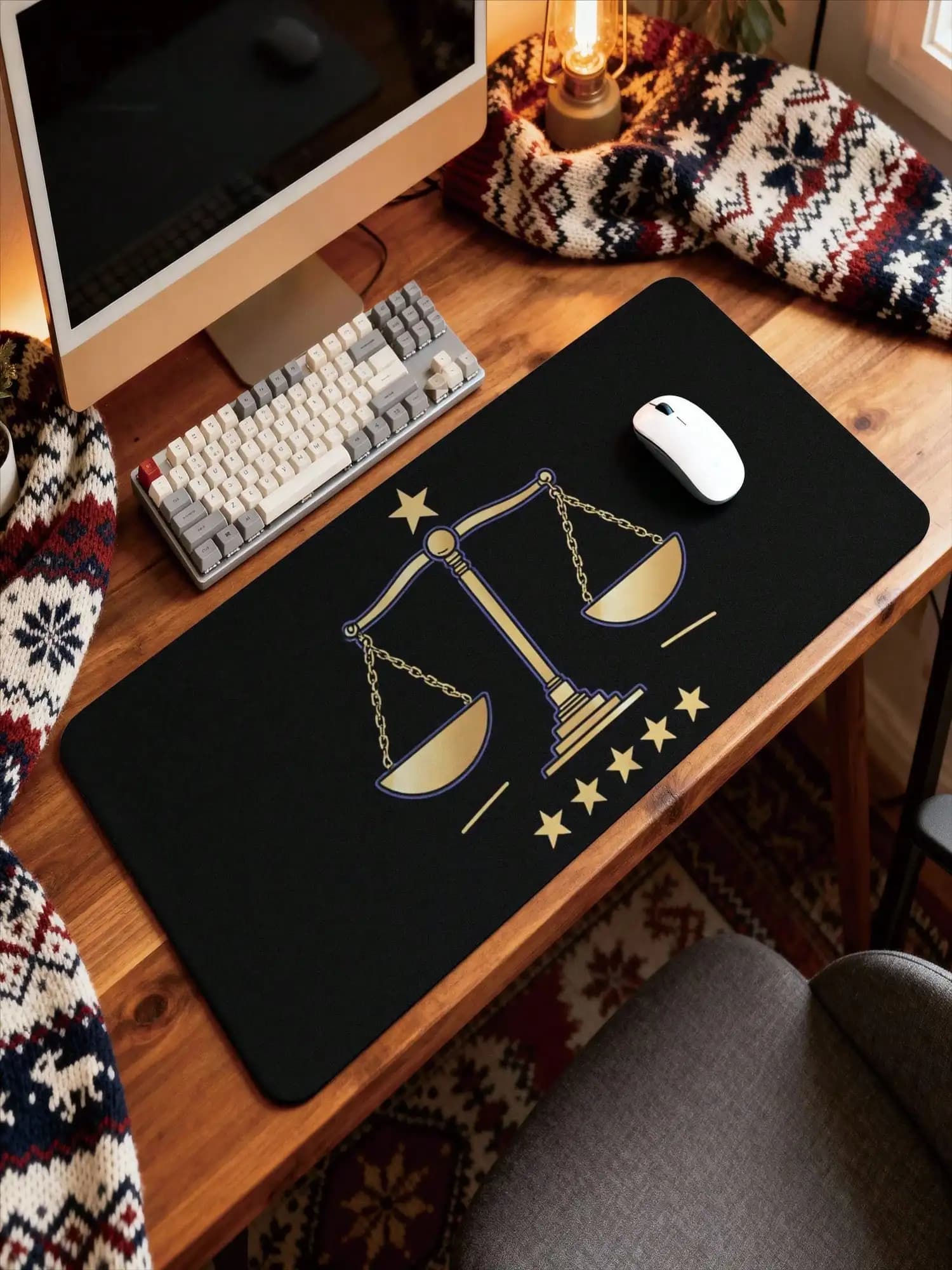 One Elegant Gold Balance Mousepad/Desk Mat - Suitable For Office And Gaming, Balance And Justice Theme, Compatible With Mouse And Keyboard, Ideal For Lawyers, Judges, And Law Students, A Balance And Authority Desk Mat.