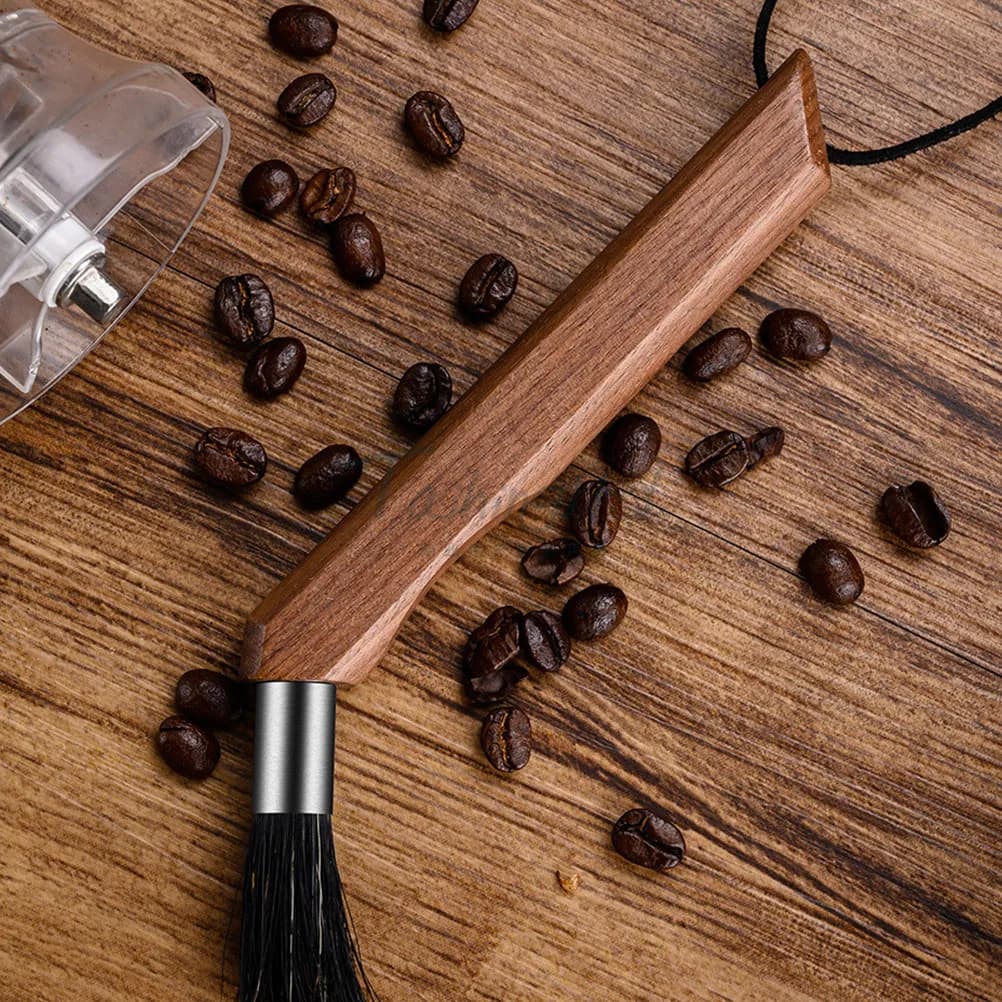 Ergonomic Walnut Wood Coffee Cleaning Brush with Flexible Natural Bristles Designed for Espresso Machine Grinder Maintenance