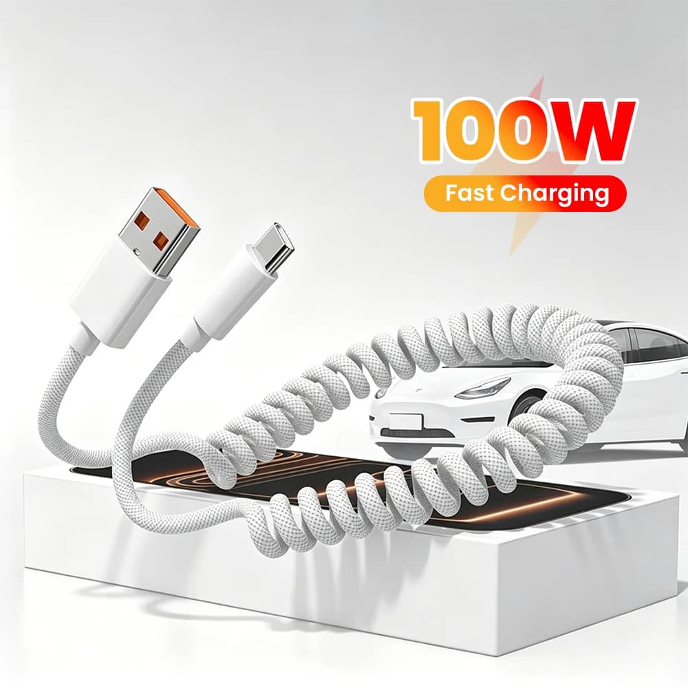 60W Type C TO Type C Cable Car Spring Cable Fast Charging USB C Cable For iPhone 15 16 17 Huawei Xiaomi Samsung