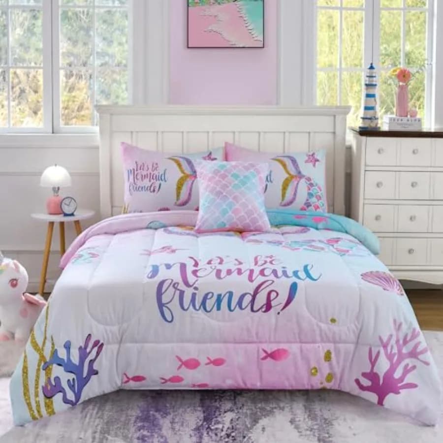 Set Copripiumino per Ragazze 5 Pezzi, Set Letto Completo 3D Colorato a Tema Sirena, Set Lenzuola Ultra Morbido e Soffice