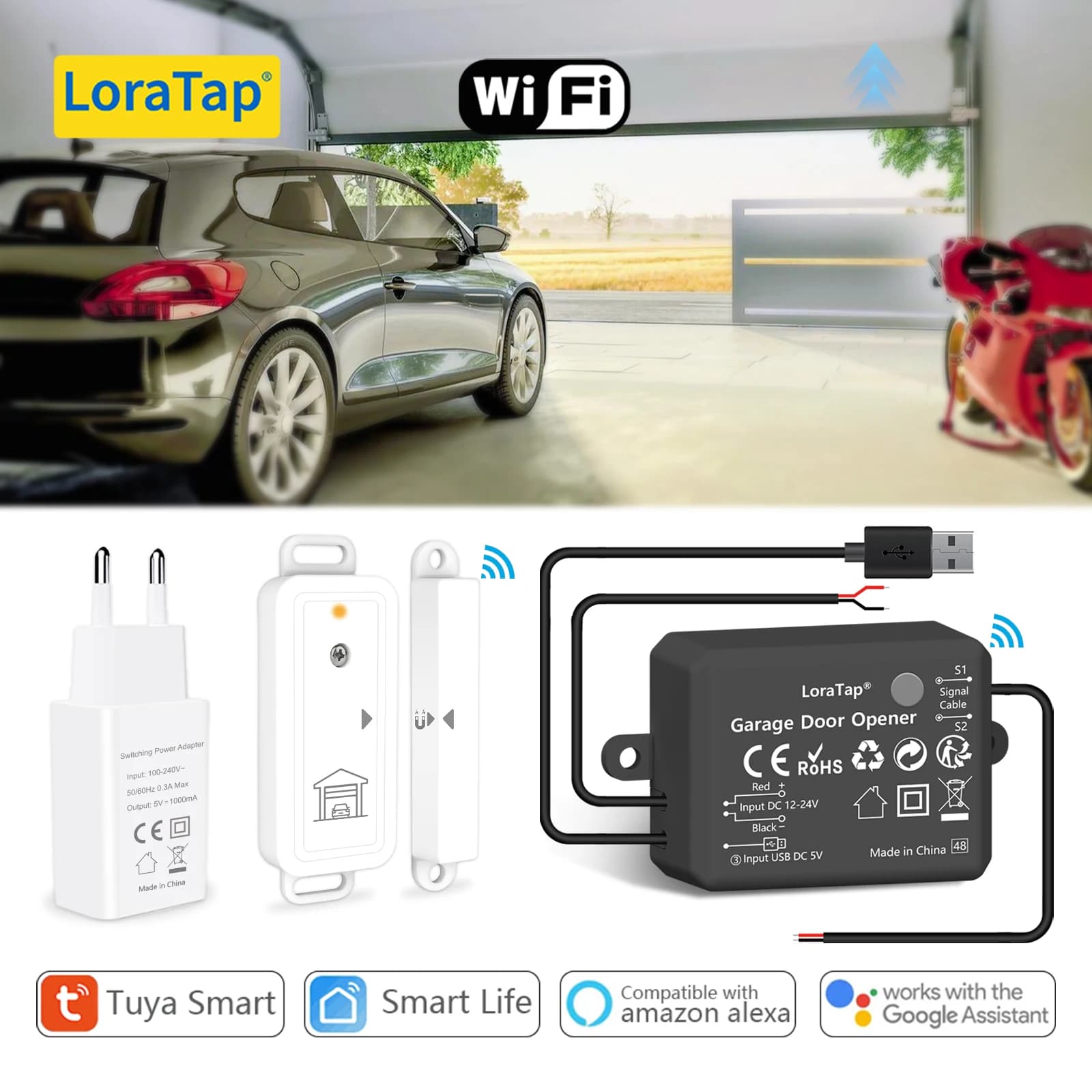 LoraTap Tuya Smart Life Controller for Garage Door Opening Wireless Sensor Security Alarm System Works with Google Assistant Alexa