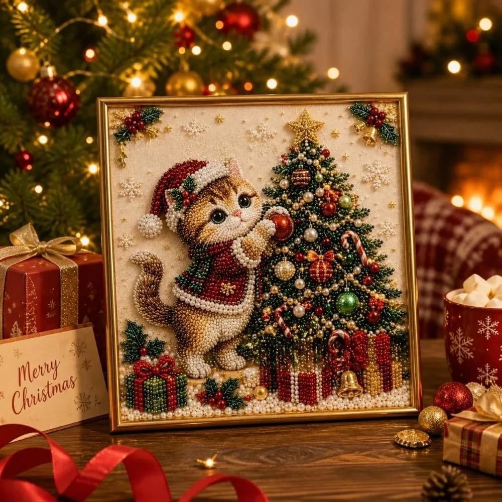 Handmade Christmas Rhinestone Painting Art Kit With Frame Cartoon Cat Santa Crystal Painting Set Beginner-Friendly Xmas Tree
