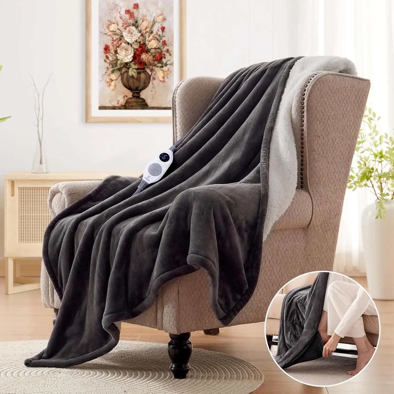 Coperta elettrica riscaldata con tasca per i piedi, 6 livelli di calore e timer, lavabile in lavatrice, carbone