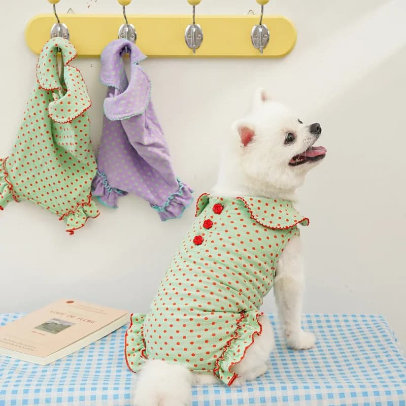 Cotton Polka Dot Dog Onesie for Small Breeds, 4-Legged Full Body Jumpsuit with Bow Tie Collar, Spring Summer Pet Puppy Pajamas